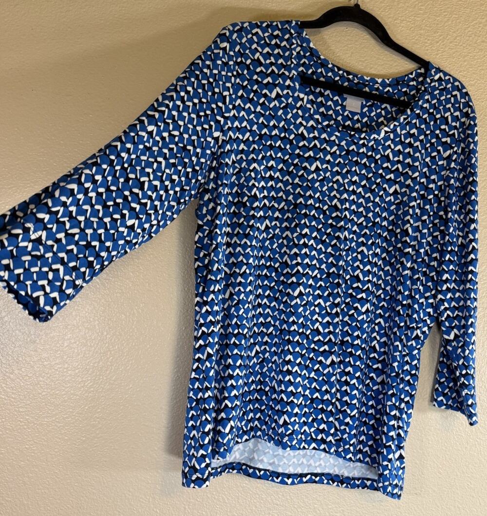 CHICO'S 2/Size Large Black Blue Geometic Nautical Stretchy Tunic Top